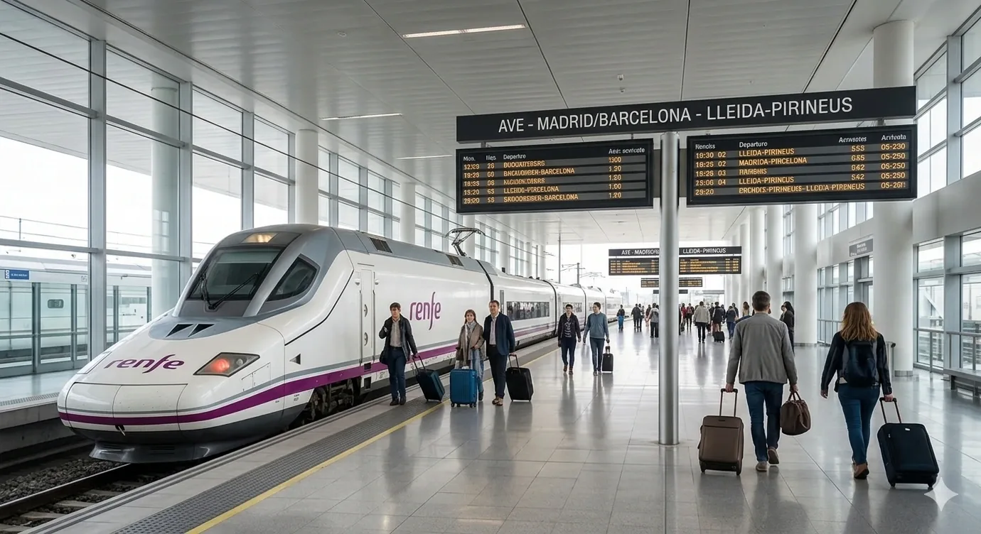 Estación de AVE Lleida-Pirineus con esquiadores — acceso en tren a Baqueira Beret desde Madrid y Barcelona